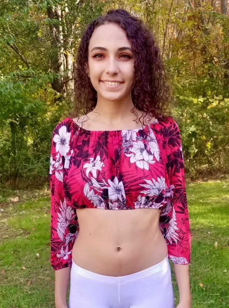 Luna Rossa Long Sleeve Red / Floral Peasant Crop Top / Made in USA