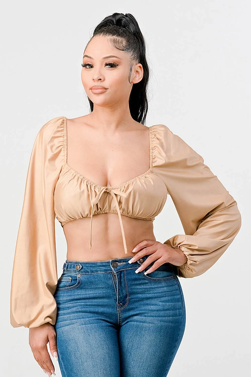 LUX COATING RUCHED SQUARE NECK CROP TOP