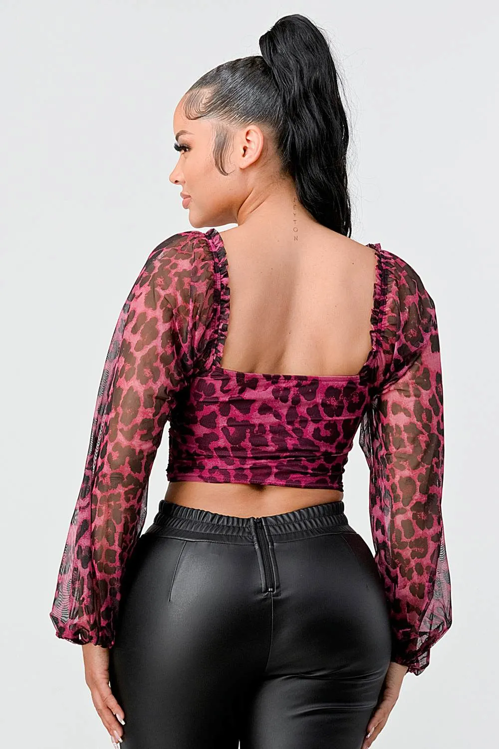 LUX LEOPARD MESH SWEETHEART RUCHED TOP