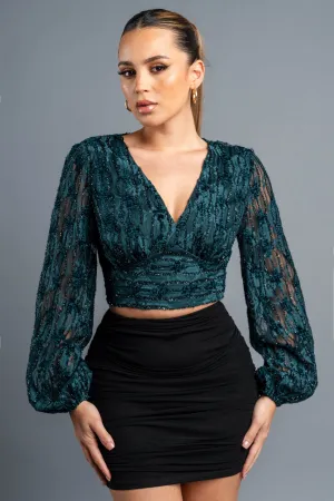 LUXE GLITTER LACE V-NECK WAIST BACK TIE CROP TOP