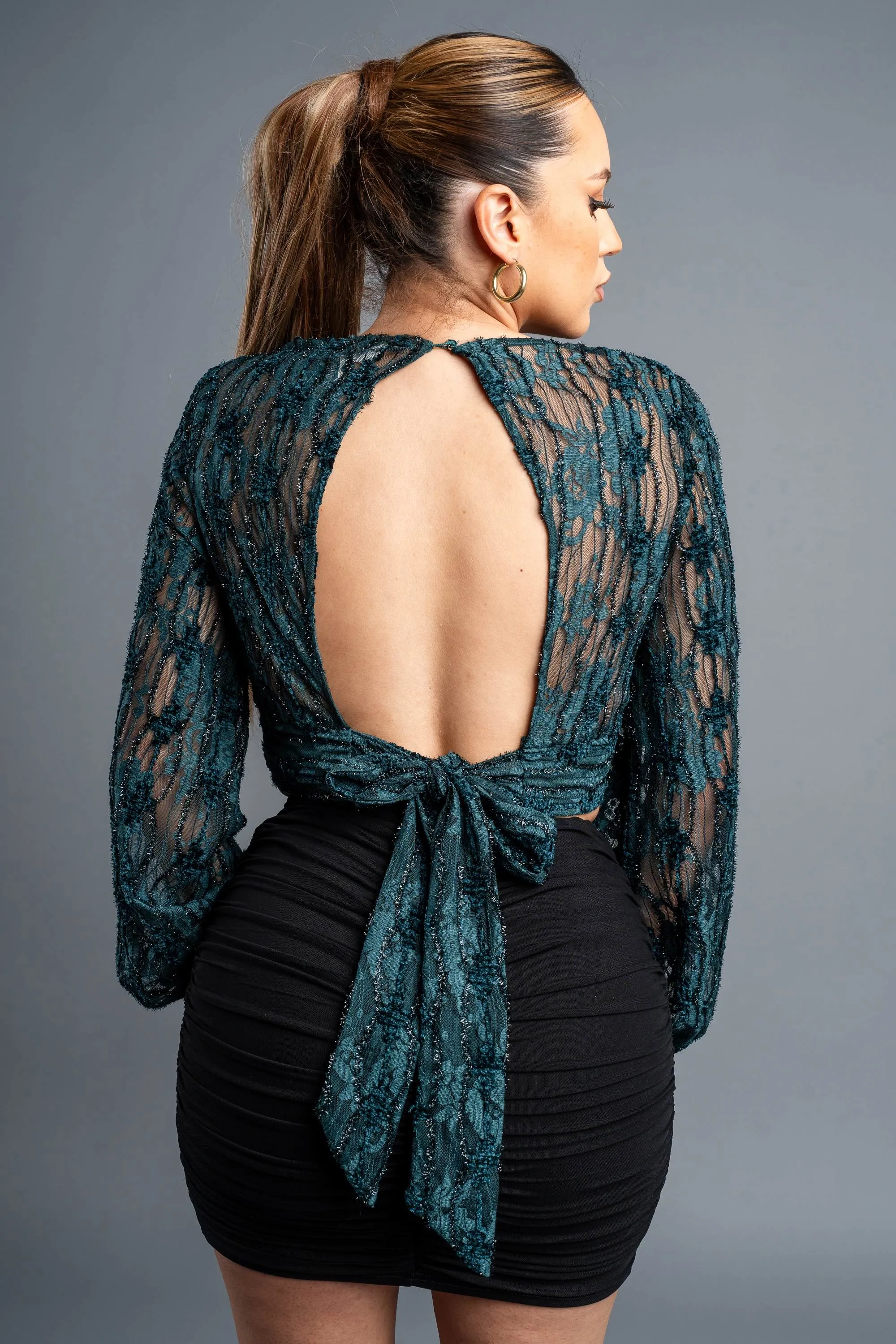 LUXE GLITTER LACE V-NECK WAIST BACK TIE CROP TOP