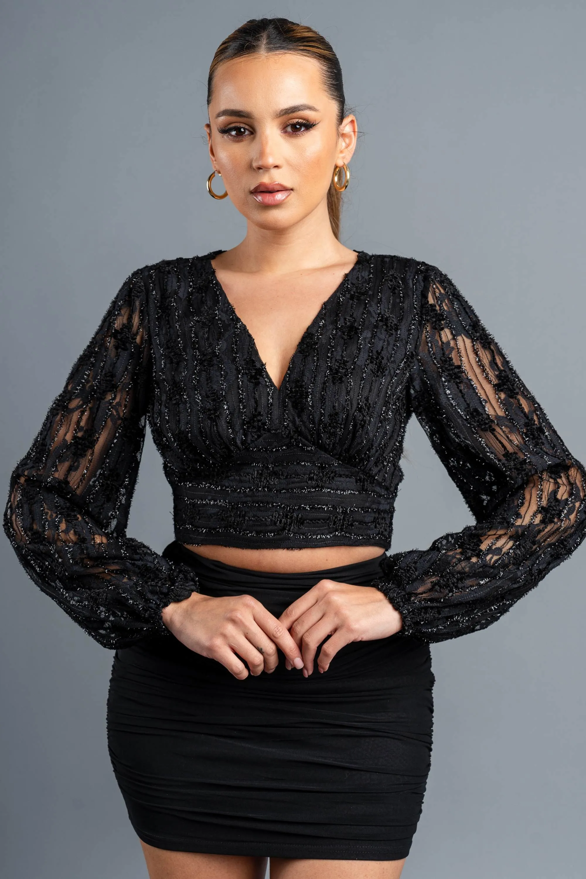 LUXE GLITTER LACE V-NECK WAIST BACK TIE CROP TOP