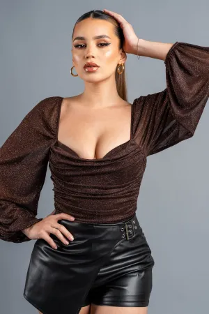 LUXE GLITTER MESH SQUARE NECK PEASANT BODYSUIT TOP