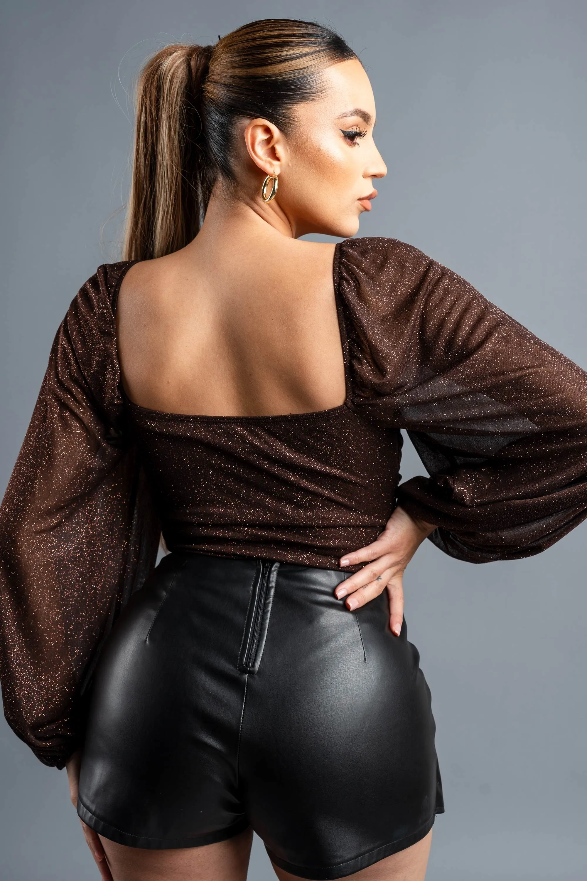 LUXE GLITTER MESH SQUARE NECK PEASANT BODYSUIT TOP