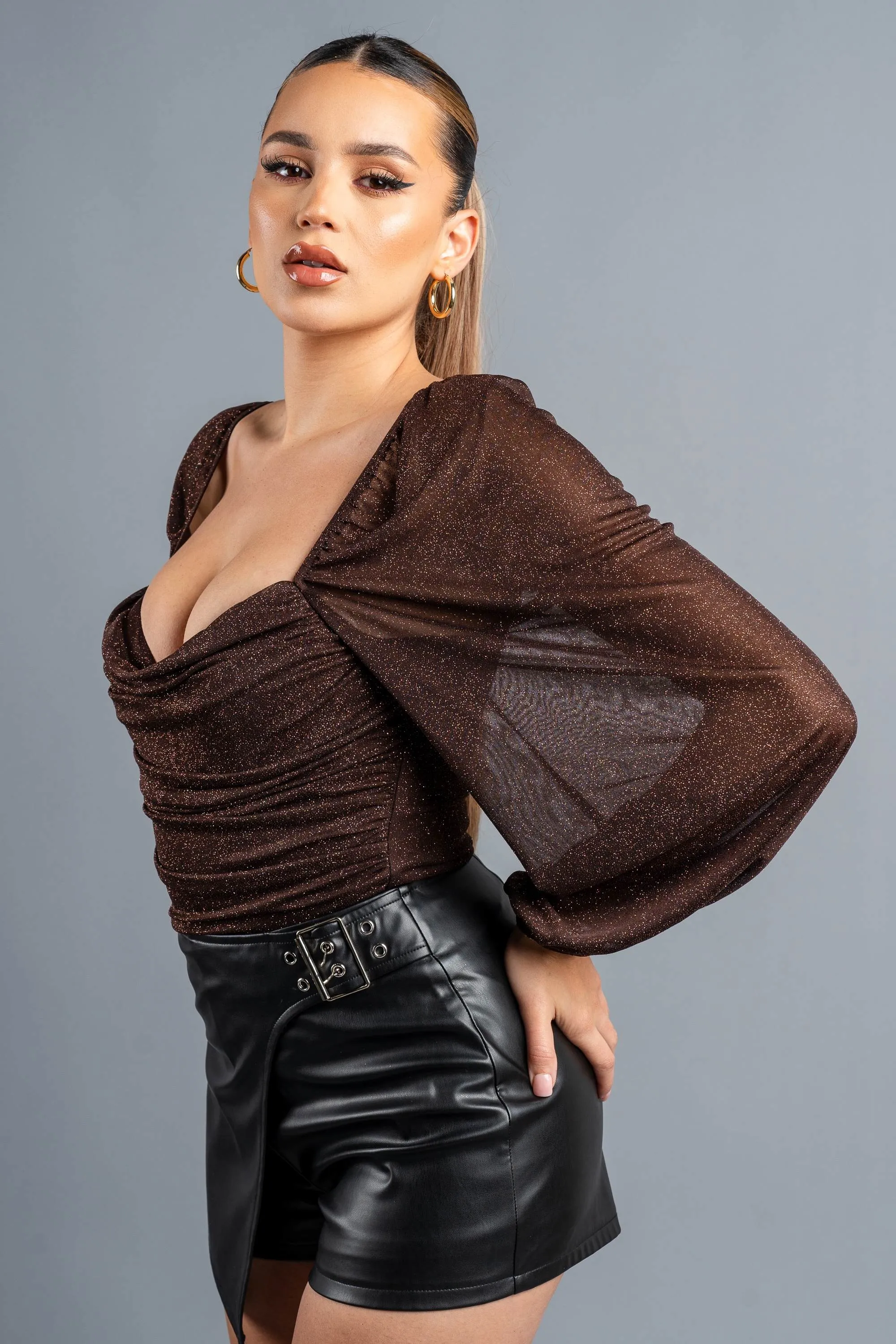 LUXE GLITTER MESH SQUARE NECK PEASANT BODYSUIT TOP