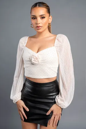 LUXE HOTFIX STONES LACE ROSETTE PEASANT CROP TOP