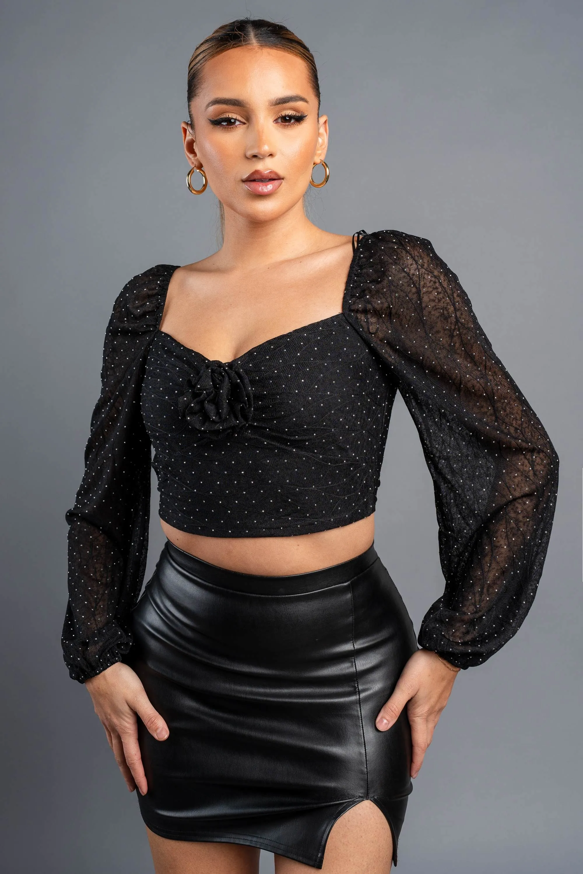 LUXE HOTFIX STONES LACE ROSETTE PEASANT CROP TOP