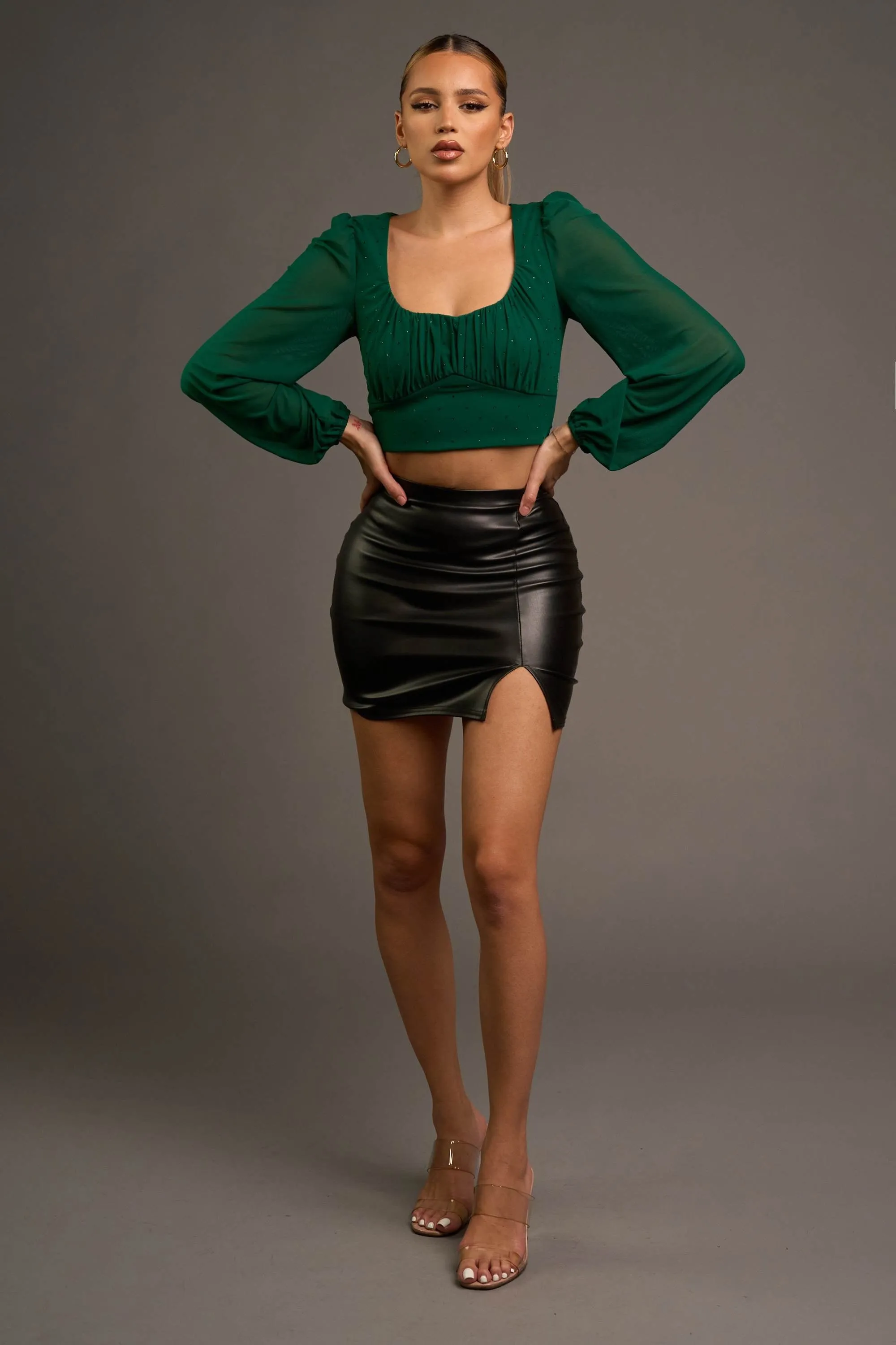 LUXE MESH HOTFIX STONES SQUARE NECK PEASANT TOP