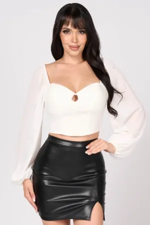 LUXE PEARL PEASANT LONG SLEEVES KEYHOLE CROP TOP