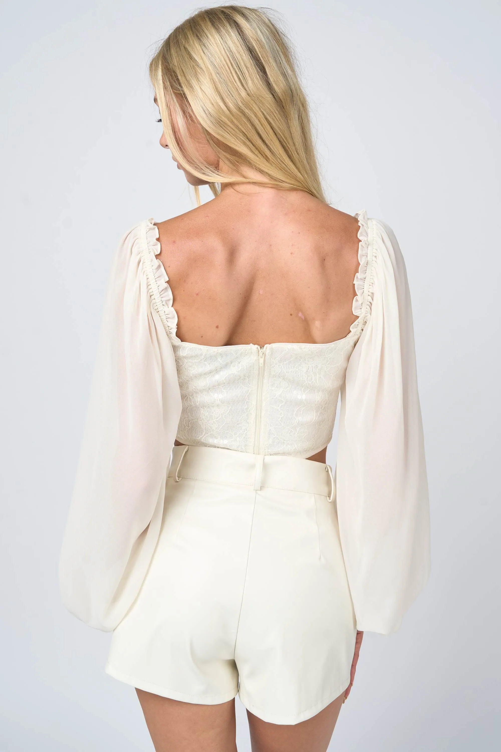 LUXE STRETCH SEQUINS LACE CHIFFON PEASANT CROP TOP