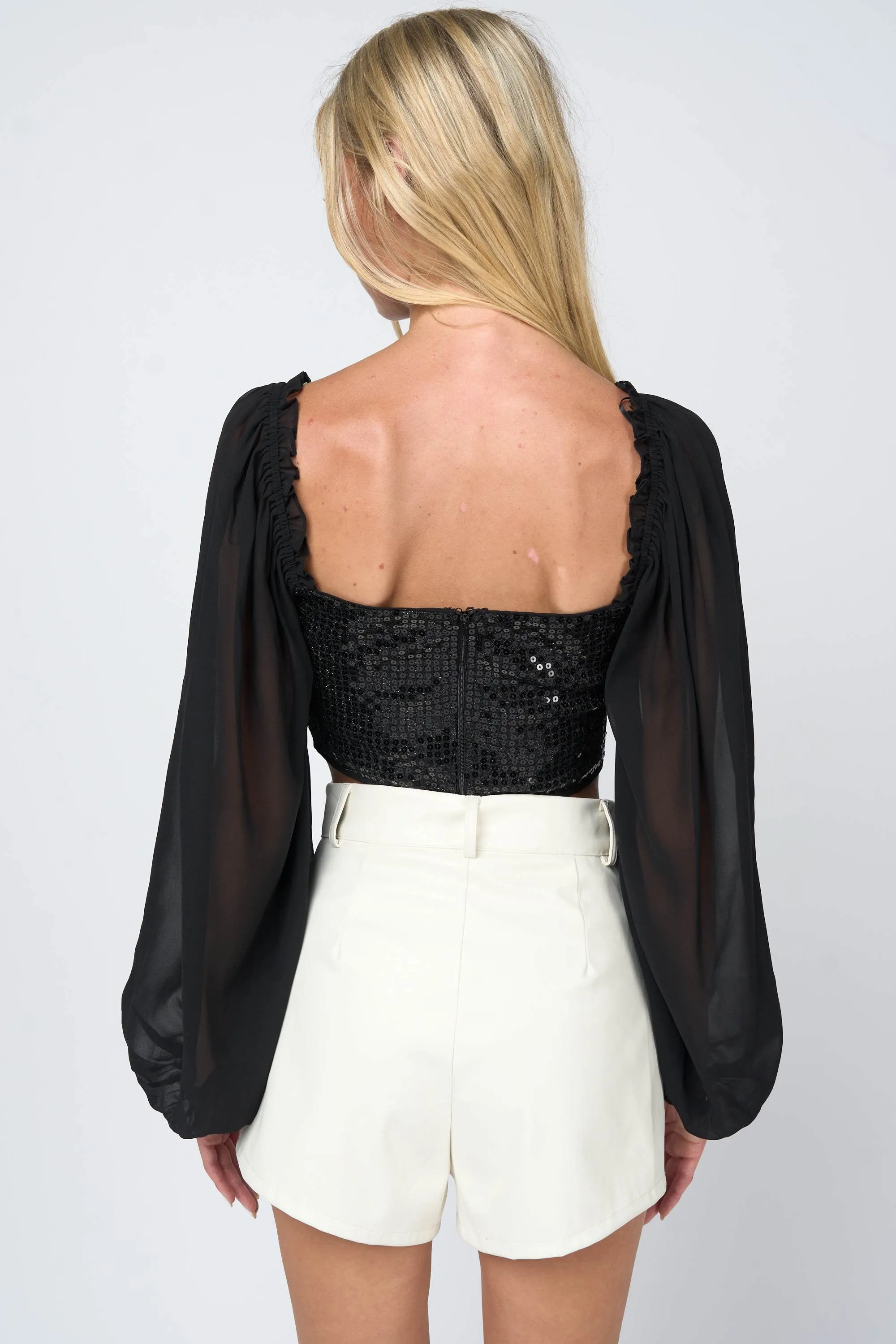 LUXE STRETCH SEQUINS LACE CHIFFON PEASANT CROP TOP