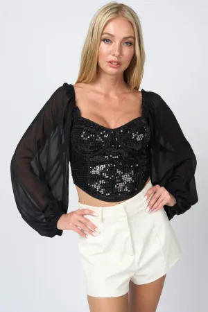 LUXE STRETCH SEQUINS LACE CHIFFON PEASANT CROP TOP