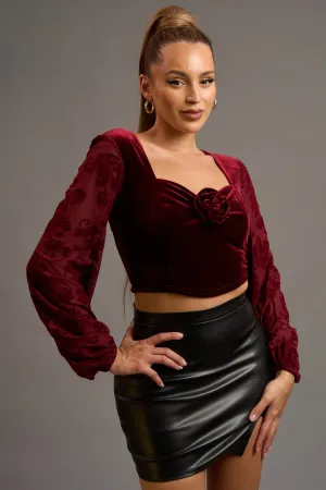 LUXE STRETCH VELVET ROSETTE CORSAGE PEASANT TOP