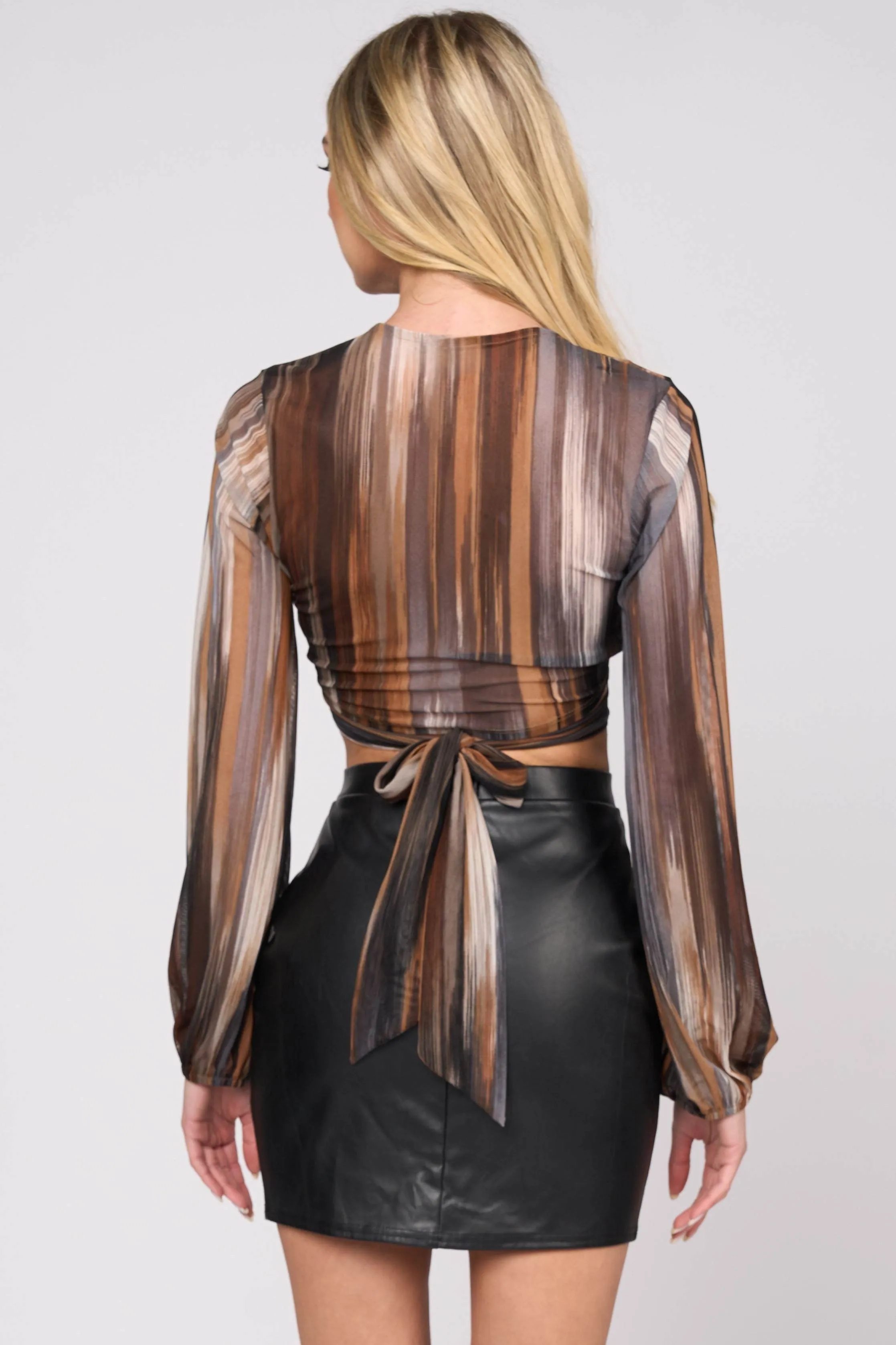 LUXE STRIPE PRINT MESH WRAPPED WAIST TIE TOP