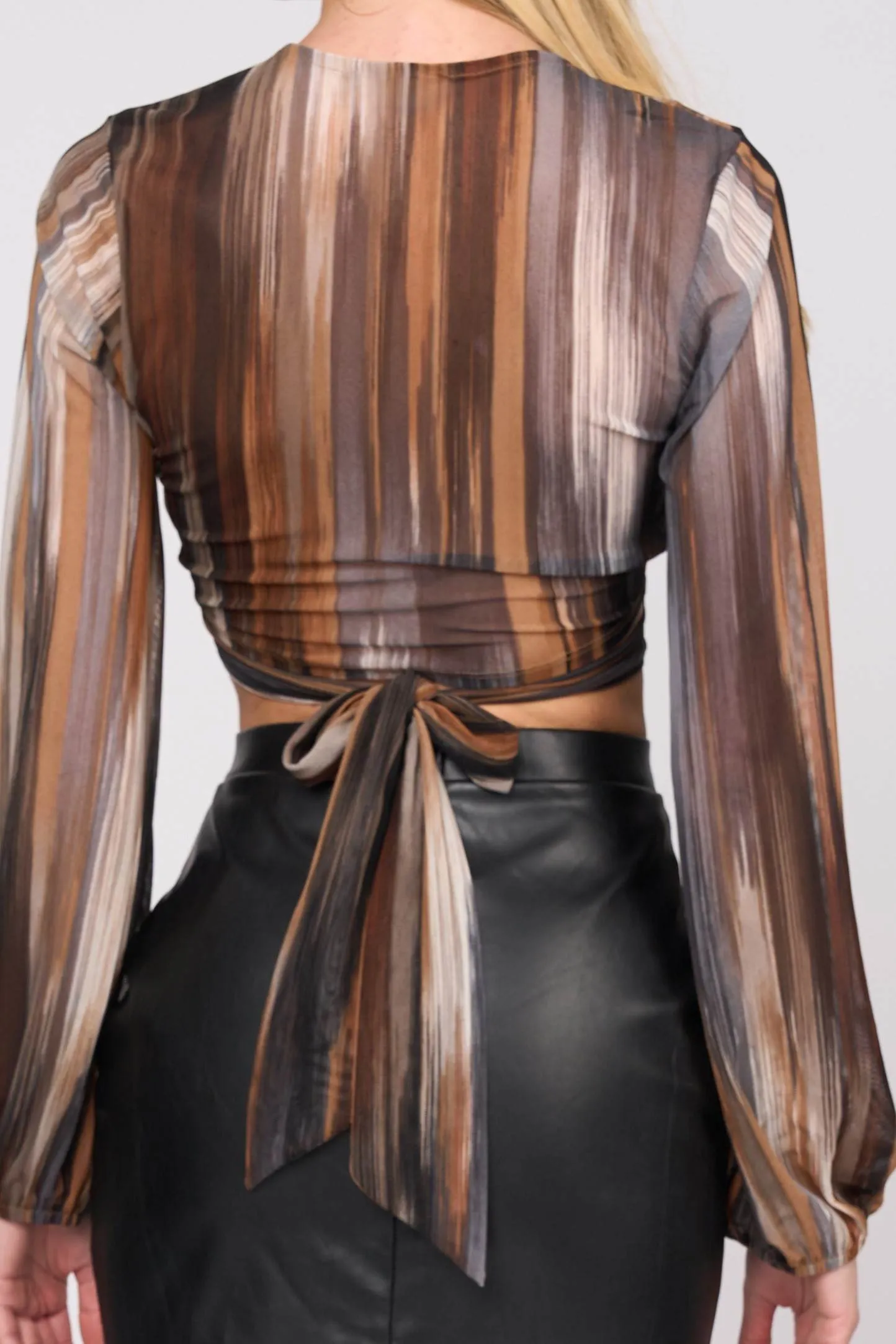 LUXE STRIPE PRINT MESH WRAPPED WAIST TIE TOP