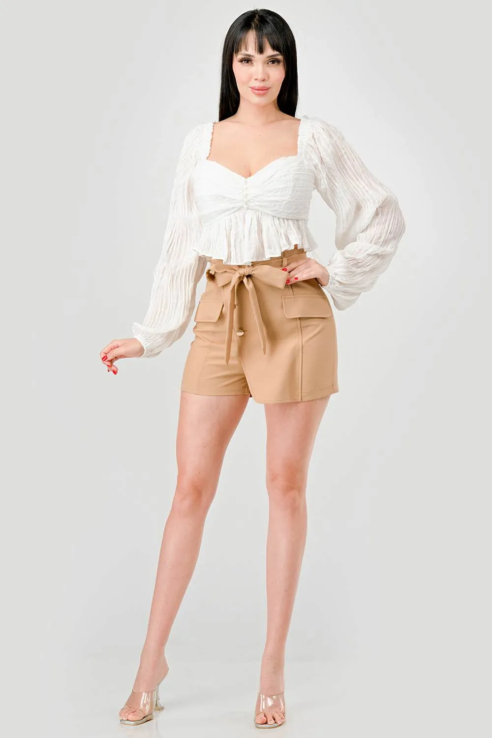 LUXE TEXTURE CHIFFON PEARL BUTTON DOWN CROP TOP