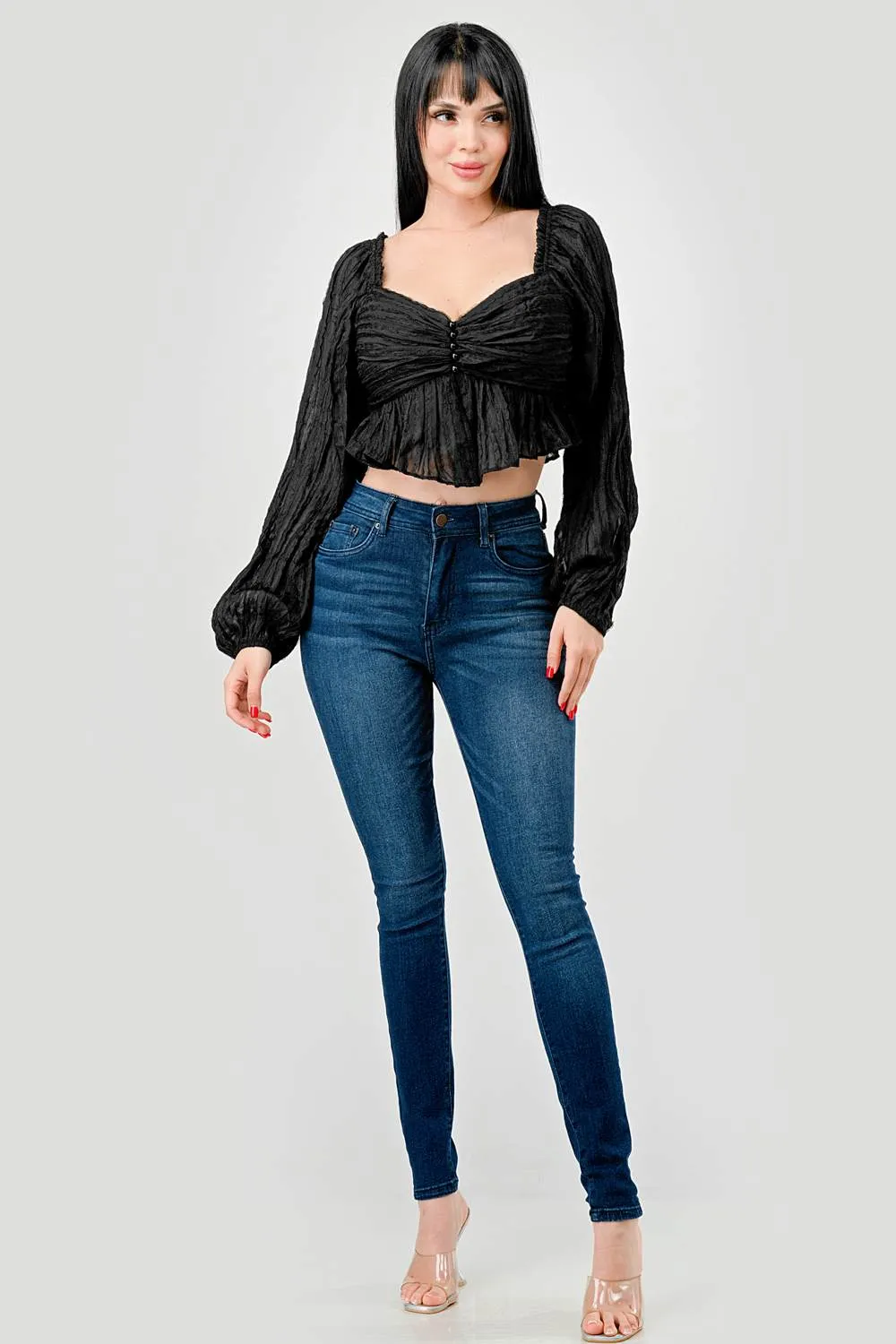 LUXE TEXTURE CHIFFON PEARL BUTTON DOWN CROP TOP