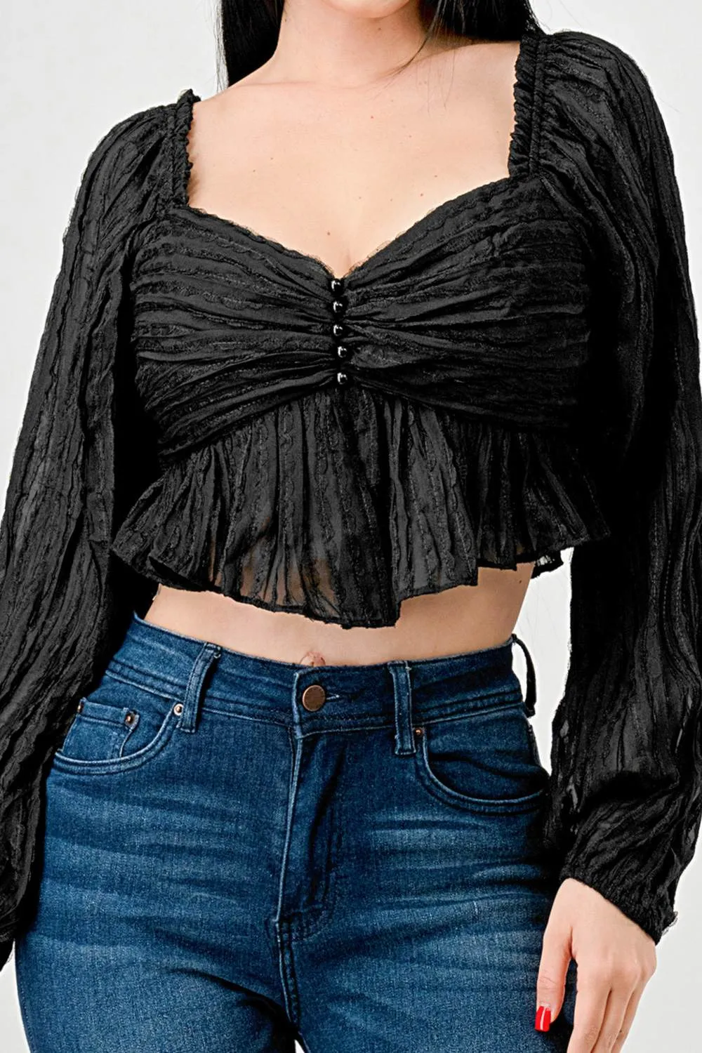 LUXE TEXTURE CHIFFON PEARL BUTTON DOWN CROP TOP