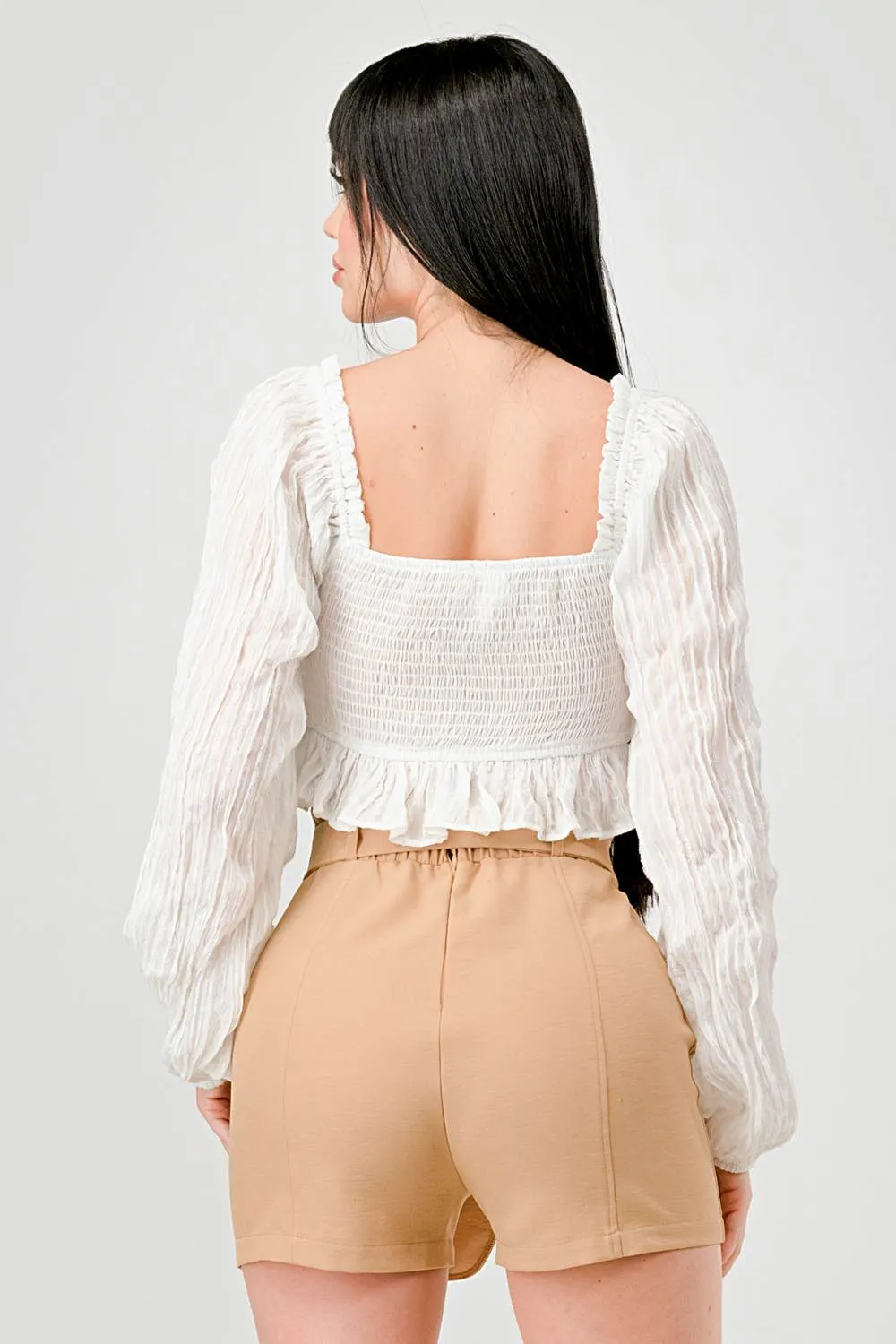 LUXE TEXTURE CHIFFON PEARL BUTTON DOWN CROP TOP
