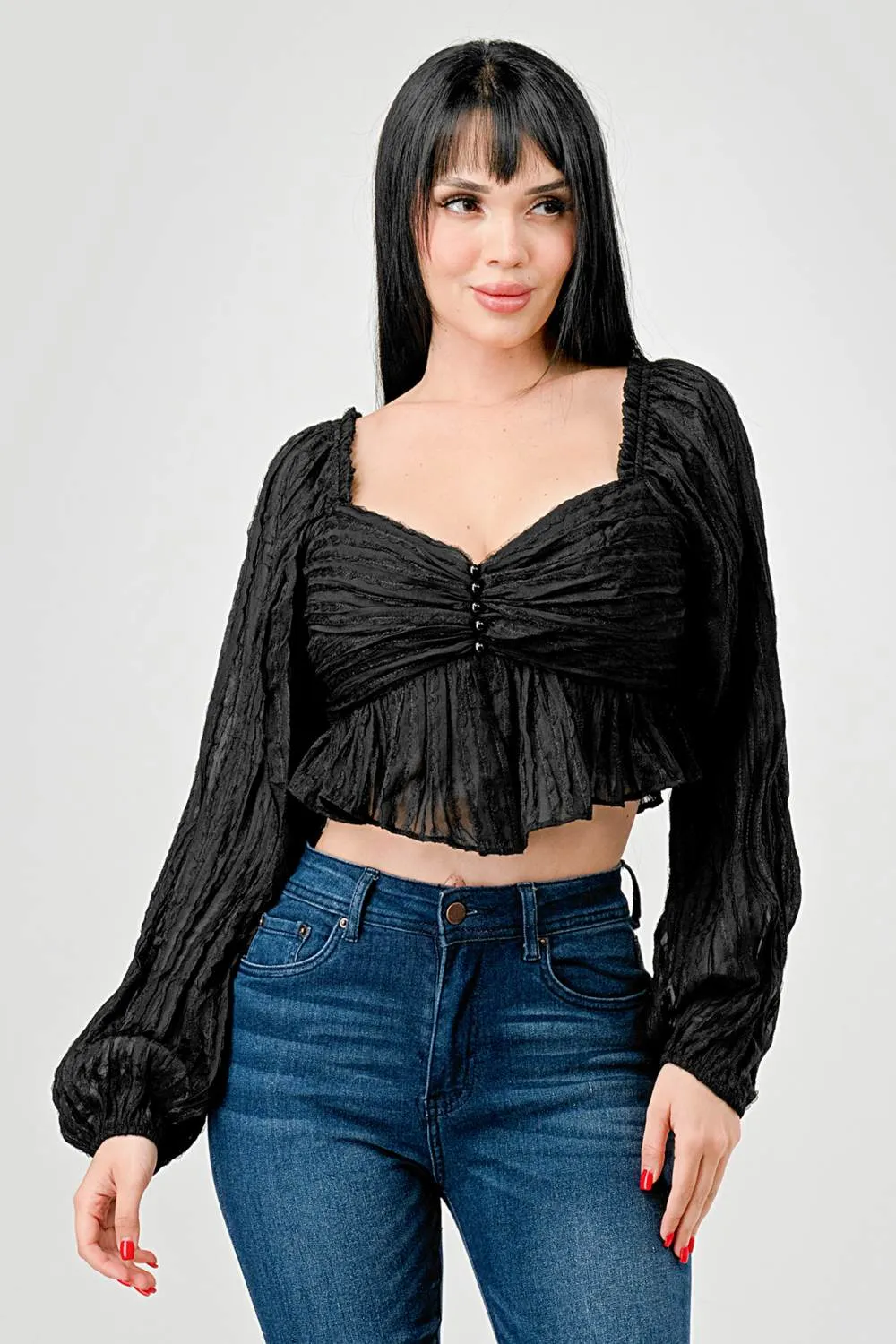 LUXE TEXTURE CHIFFON PEARL BUTTON DOWN CROP TOP