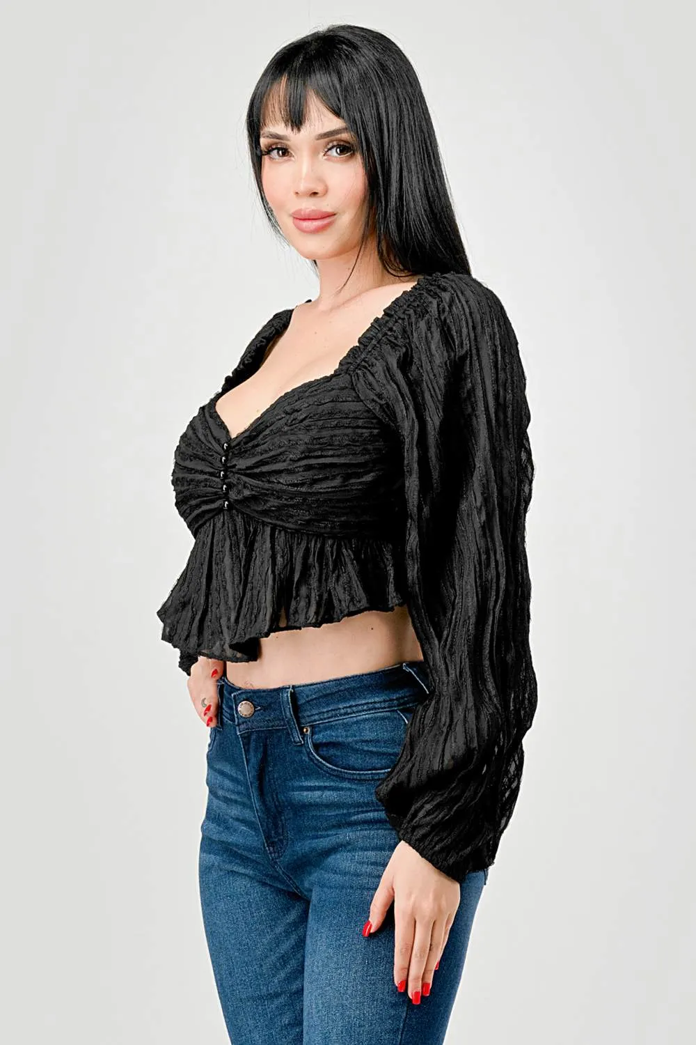 LUXE TEXTURE CHIFFON PEARL BUTTON DOWN CROP TOP