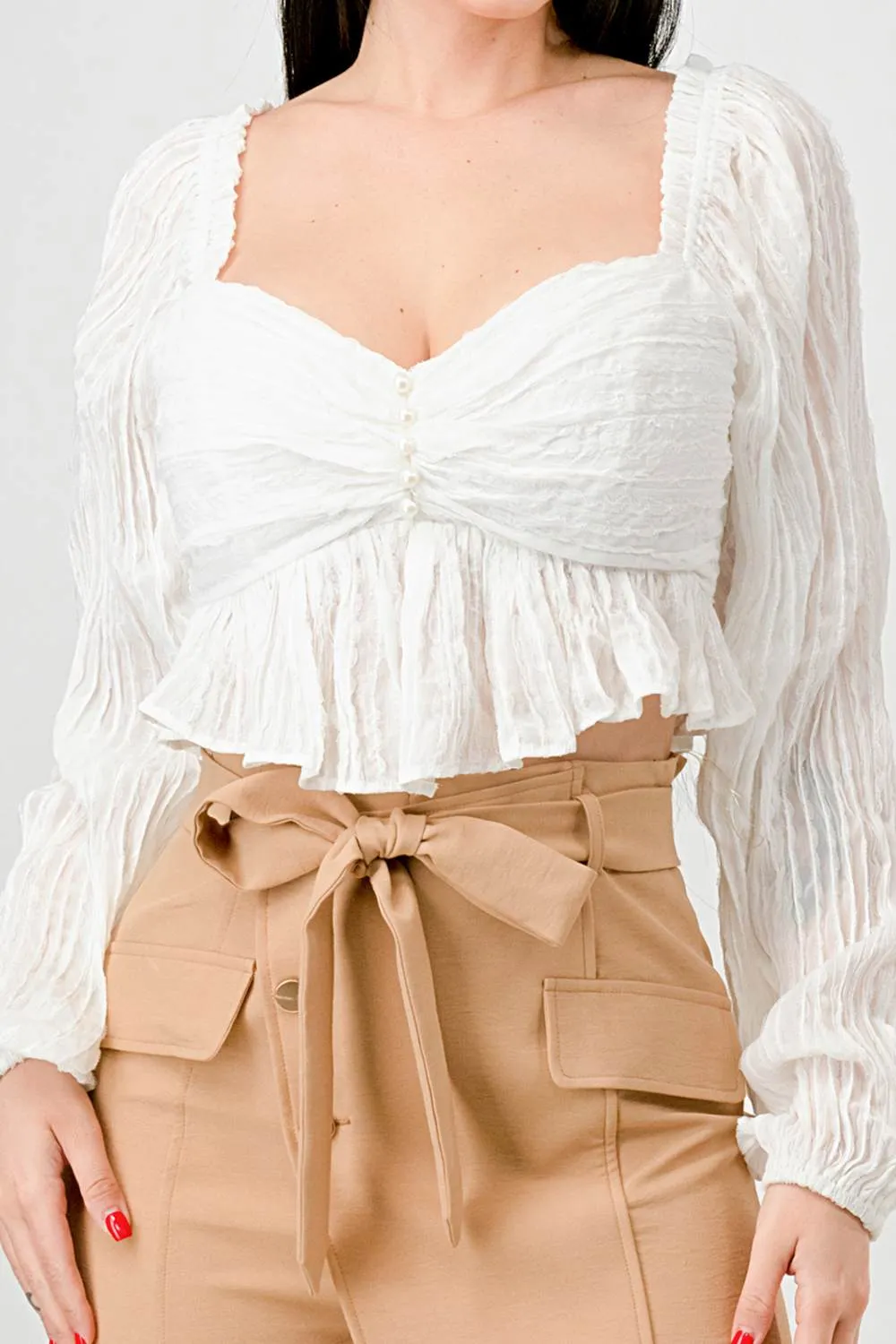 LUXE TEXTURE CHIFFON PEARL BUTTON DOWN CROP TOP