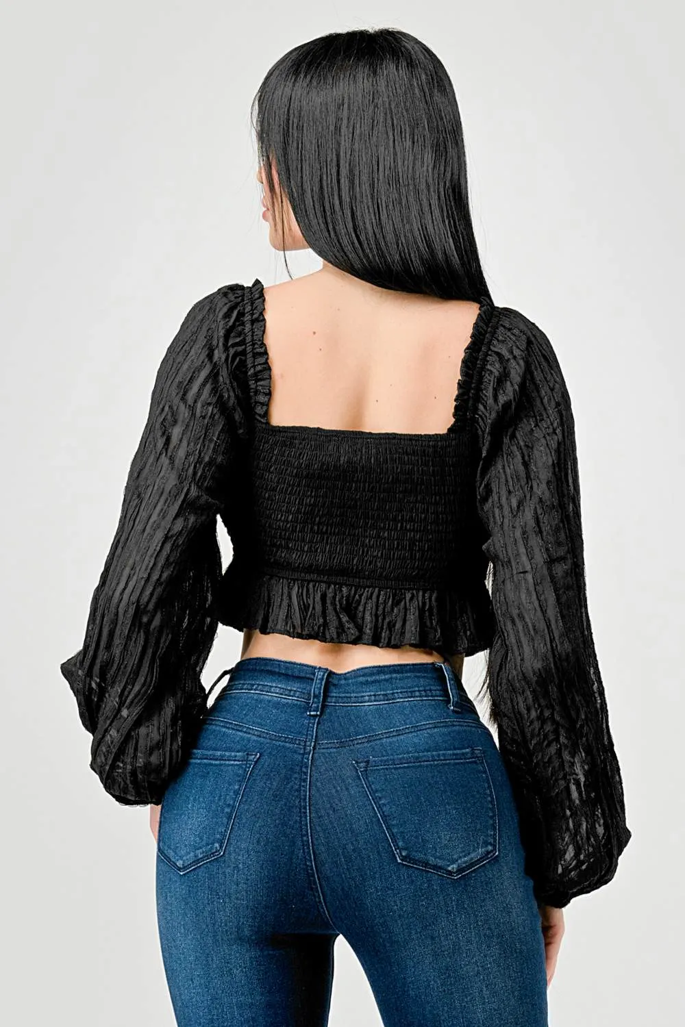 LUXE TEXTURE CHIFFON PEARL BUTTON DOWN CROP TOP