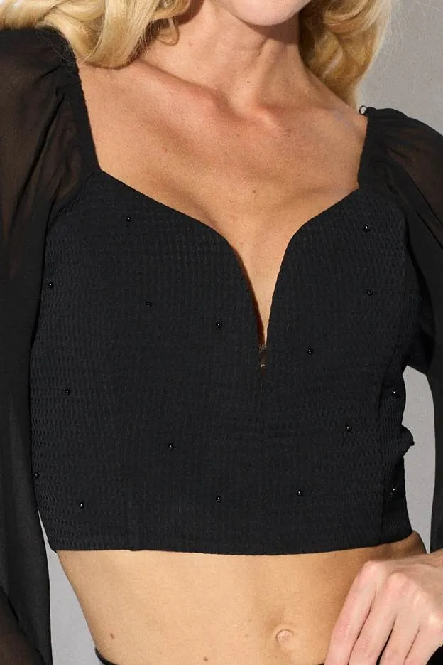 LUXE TEXTURE PEARL EMBELLISHED PEASANT CROPPED TOP