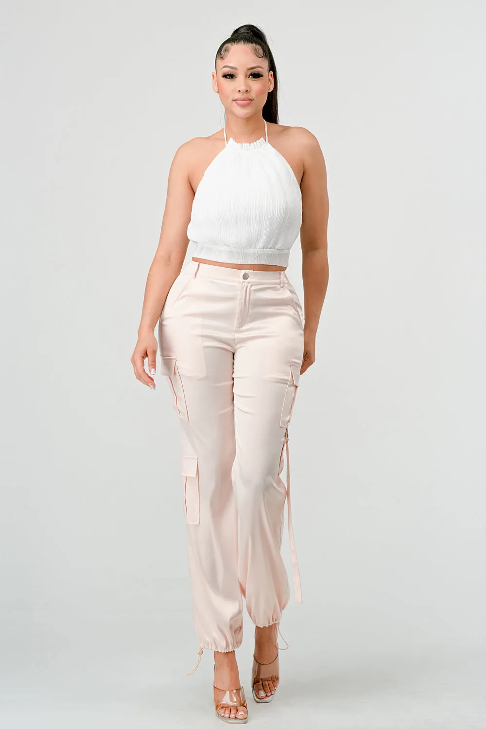 LUXE WAVE TEXTURE CHIFFON HALTER BACK TIE CAMI TOP