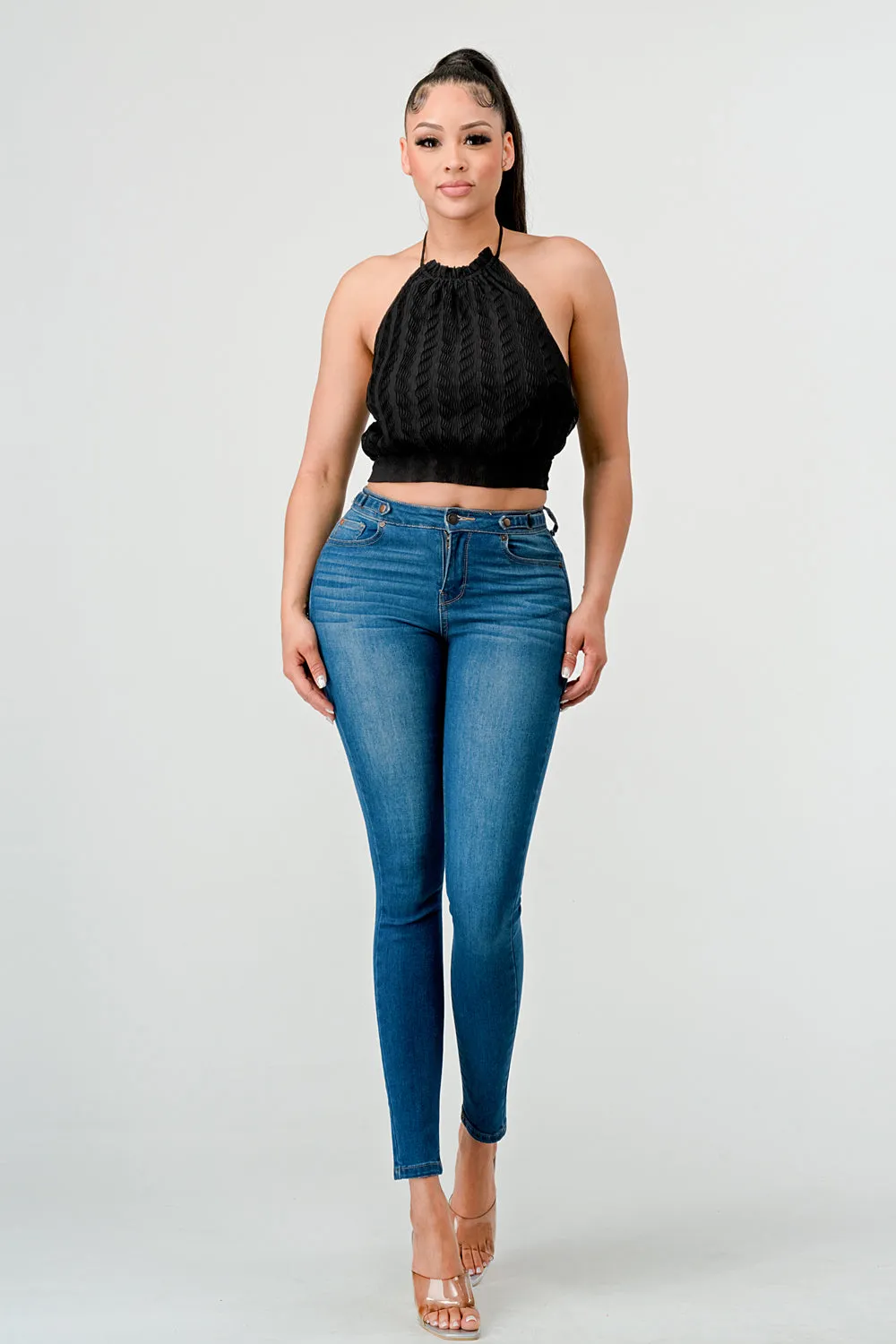 LUXE WAVE TEXTURE CHIFFON HALTER BACK TIE CAMI TOP