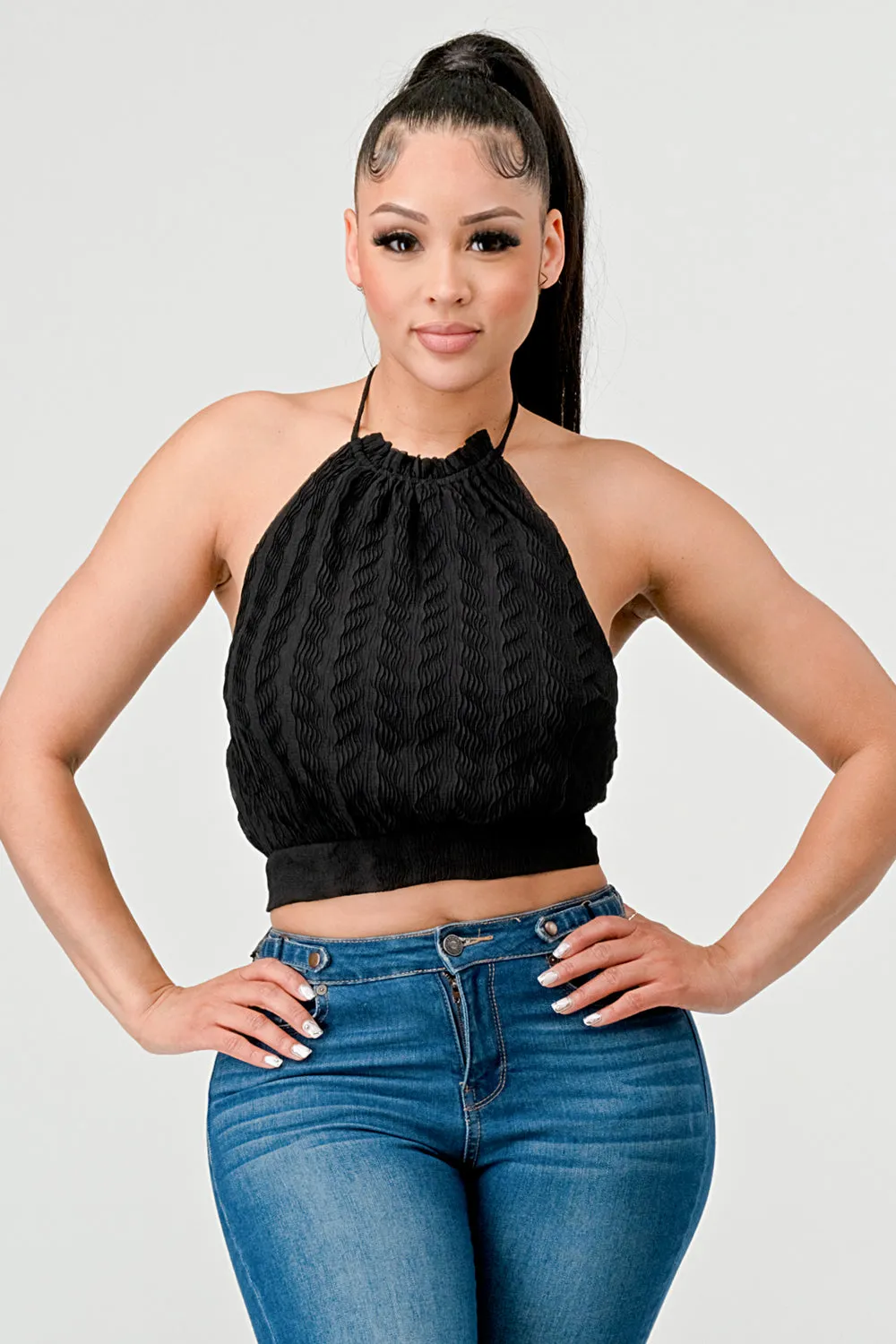 LUXE WAVE TEXTURE CHIFFON HALTER BACK TIE CAMI TOP