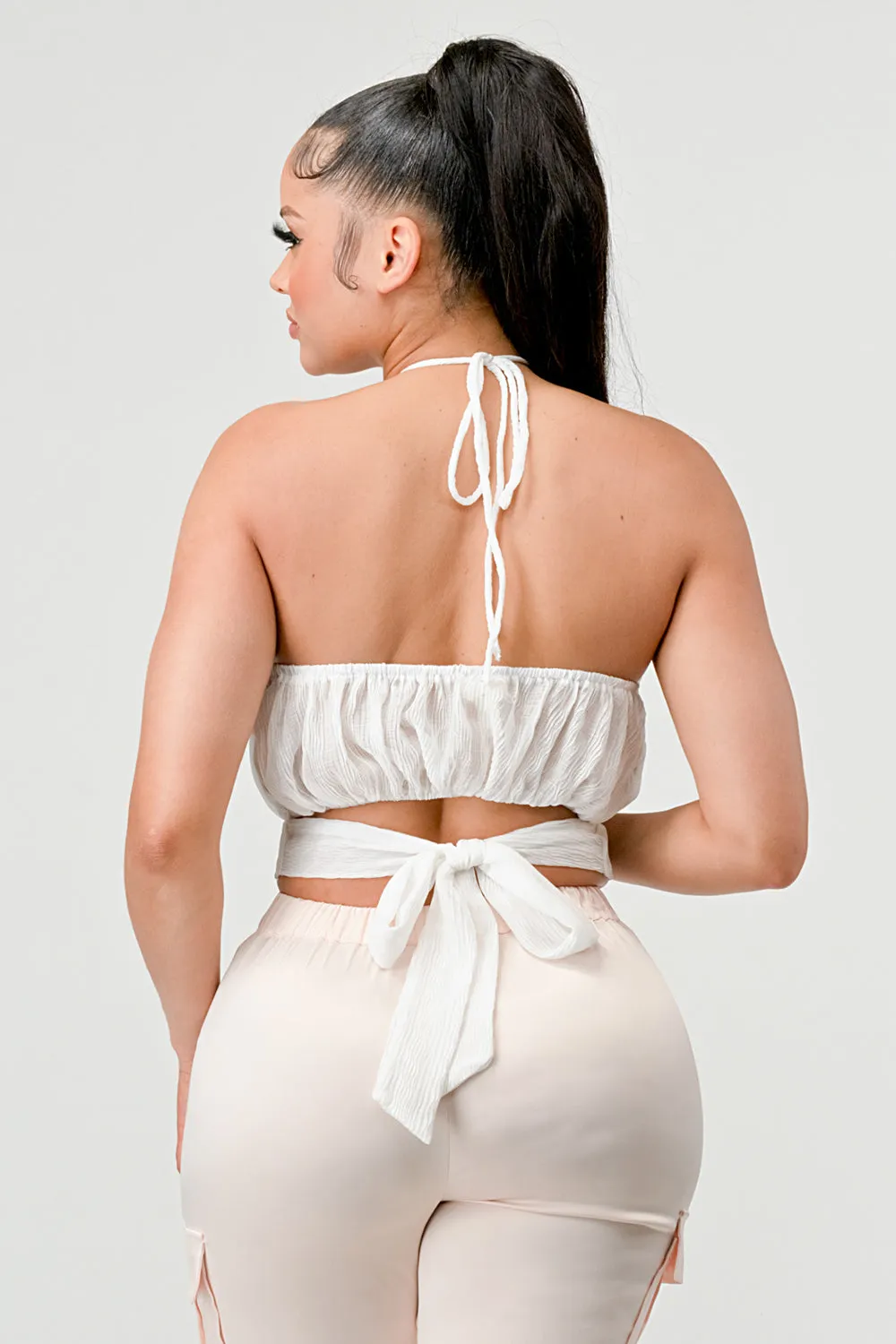 LUXE WAVE TEXTURE CHIFFON HALTER BACK TIE CAMI TOP