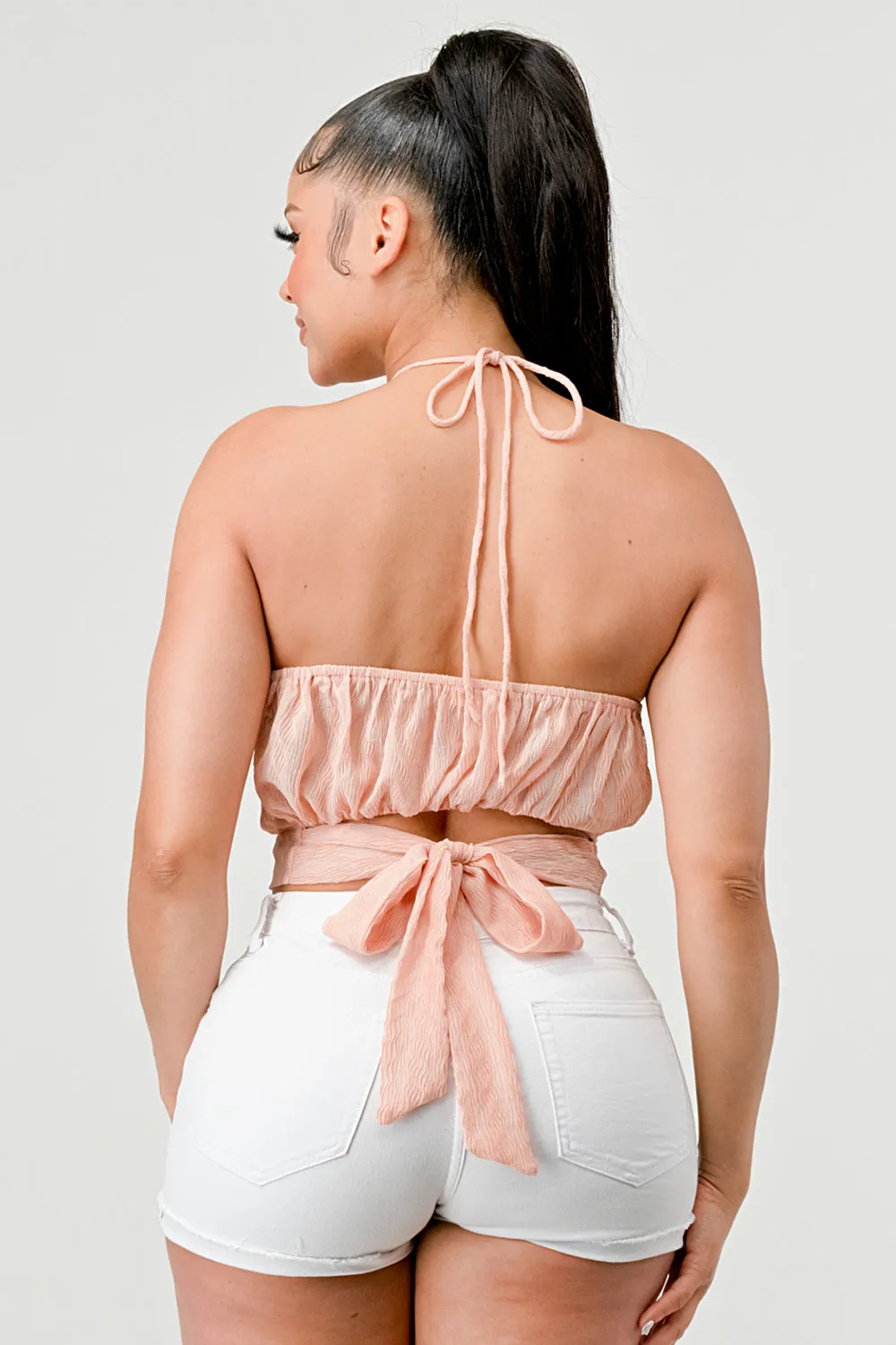 LUXE WAVE TEXTURE CHIFFON HALTER BACK TIE CAMI TOP