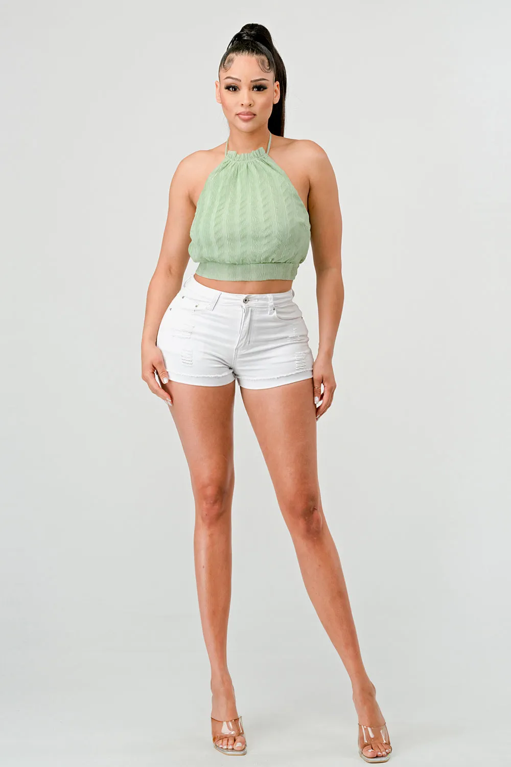 LUXE WAVE TEXTURE CHIFFON HALTER BACK TIE CAMI TOP