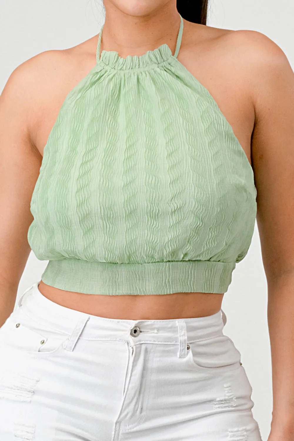 LUXE WAVE TEXTURE CHIFFON HALTER BACK TIE CAMI TOP