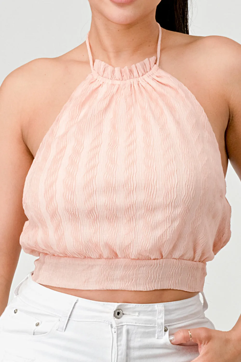 LUXE WAVE TEXTURE CHIFFON HALTER BACK TIE CAMI TOP