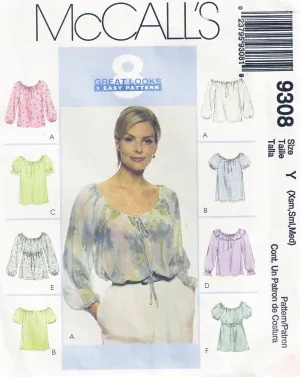McCall's 9308 Womens EASY Peasant Tops 1990s Vintage Sewing Pattern Size XS - MED UNCUT Factory Folded