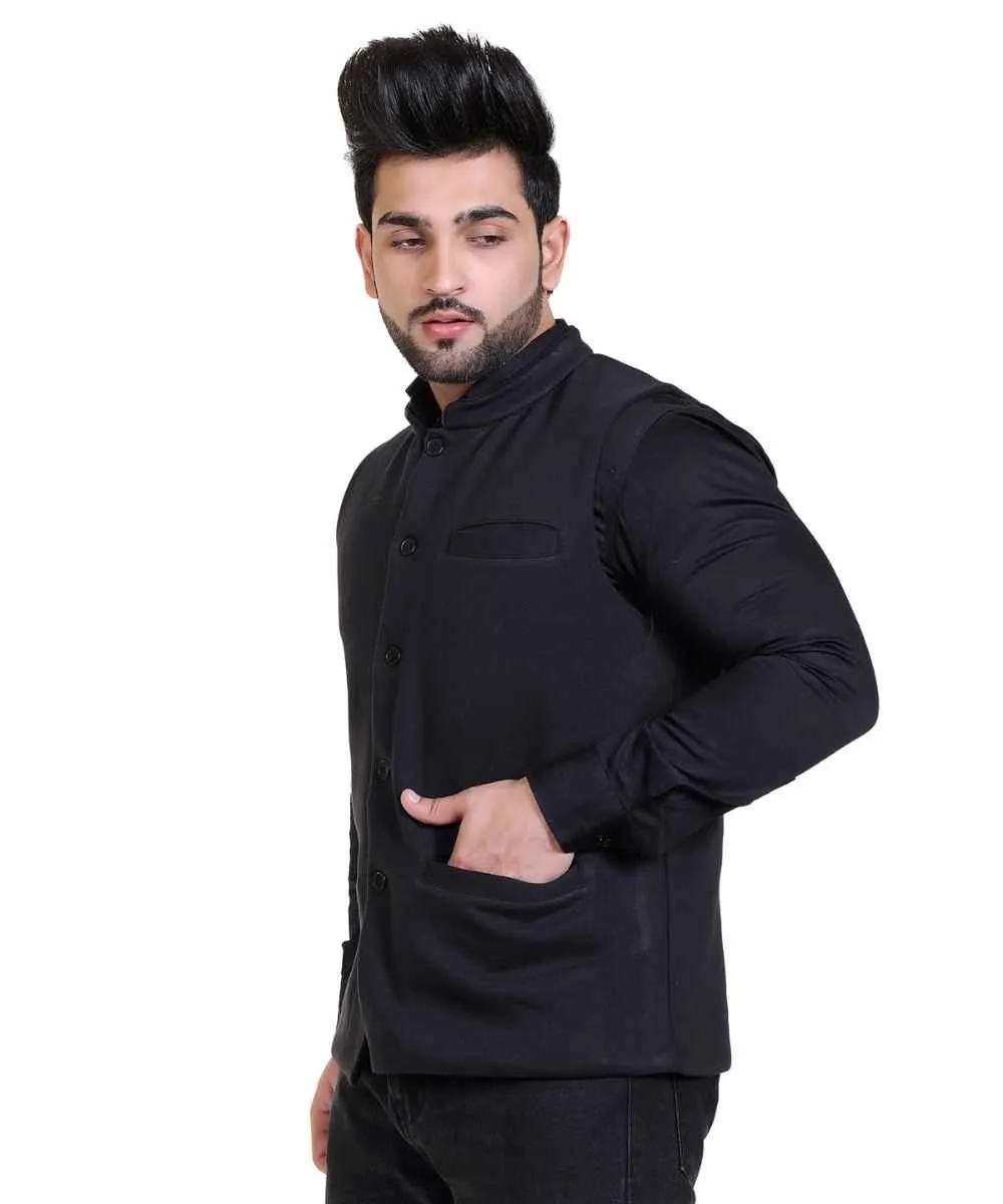Men's Black Sleeveless Mandarin Collar Solid Slim Fit Nehru Jacket