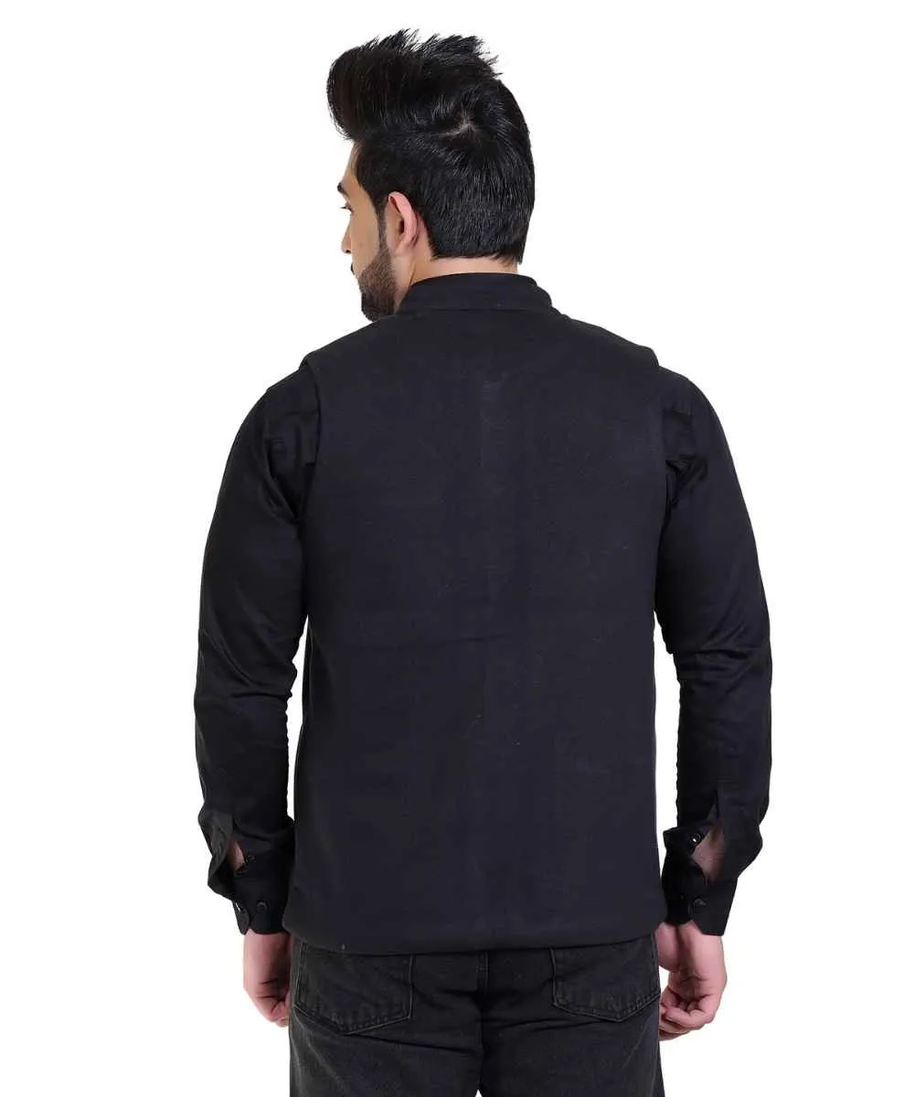 Men's Black Sleeveless Mandarin Collar Solid Slim Fit Nehru Jacket