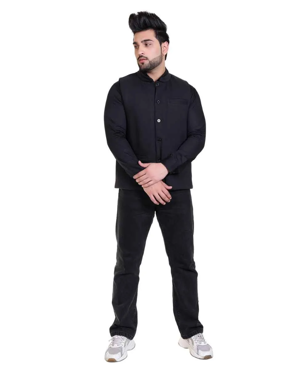 Men's Black Sleeveless Mandarin Collar Solid Slim Fit Nehru Jacket