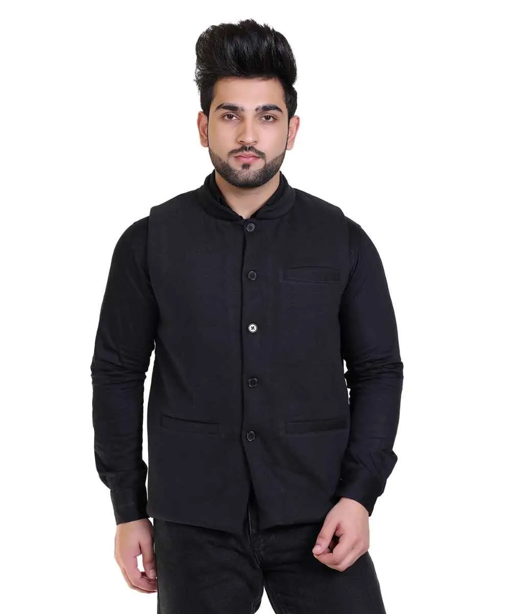 Men's Black Sleeveless Mandarin Collar Solid Slim Fit Nehru Jacket