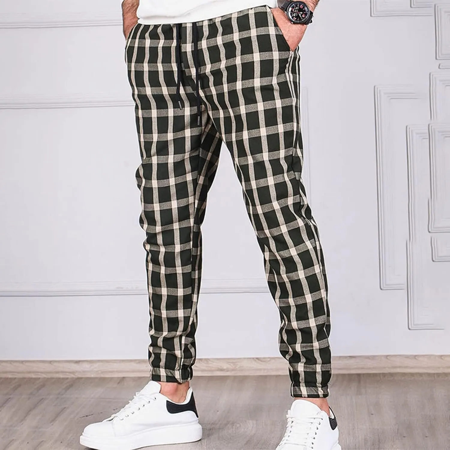 Men's Casual Slim Fit Pants Skinny Stretch Dress Slacks Stylish Slim Fit Plaid Slacks for Men