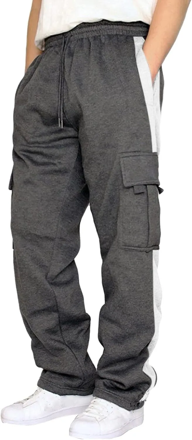 Men's Fleece Cargo Sweatpants Drawstring Loose Fit Sweatpants Casual Athletic Sports Trousers for Men with Pockets