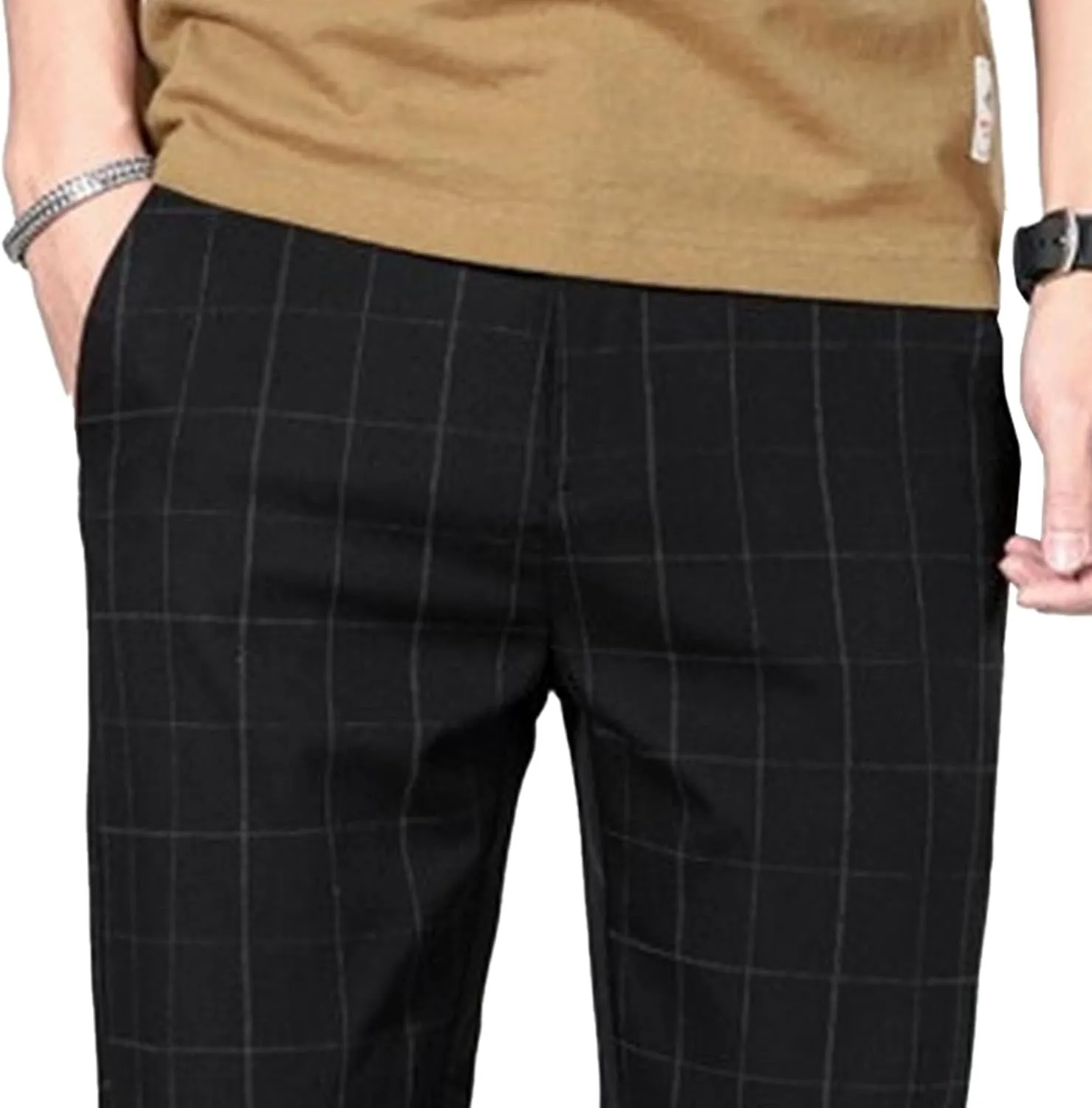 Men's Regular Plaid Slim Fit Trousers Fashion Casual Feet Suit Pants Casual Ankle Length Pencil Pants