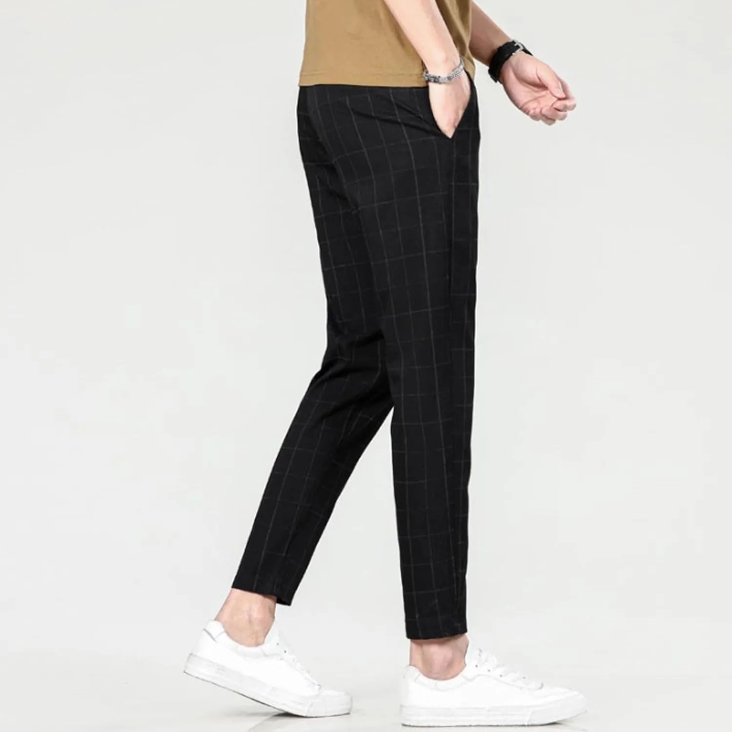 Men's Regular Plaid Slim Fit Trousers Fashion Casual Feet Suit Pants Casual Ankle Length Pencil Pants
