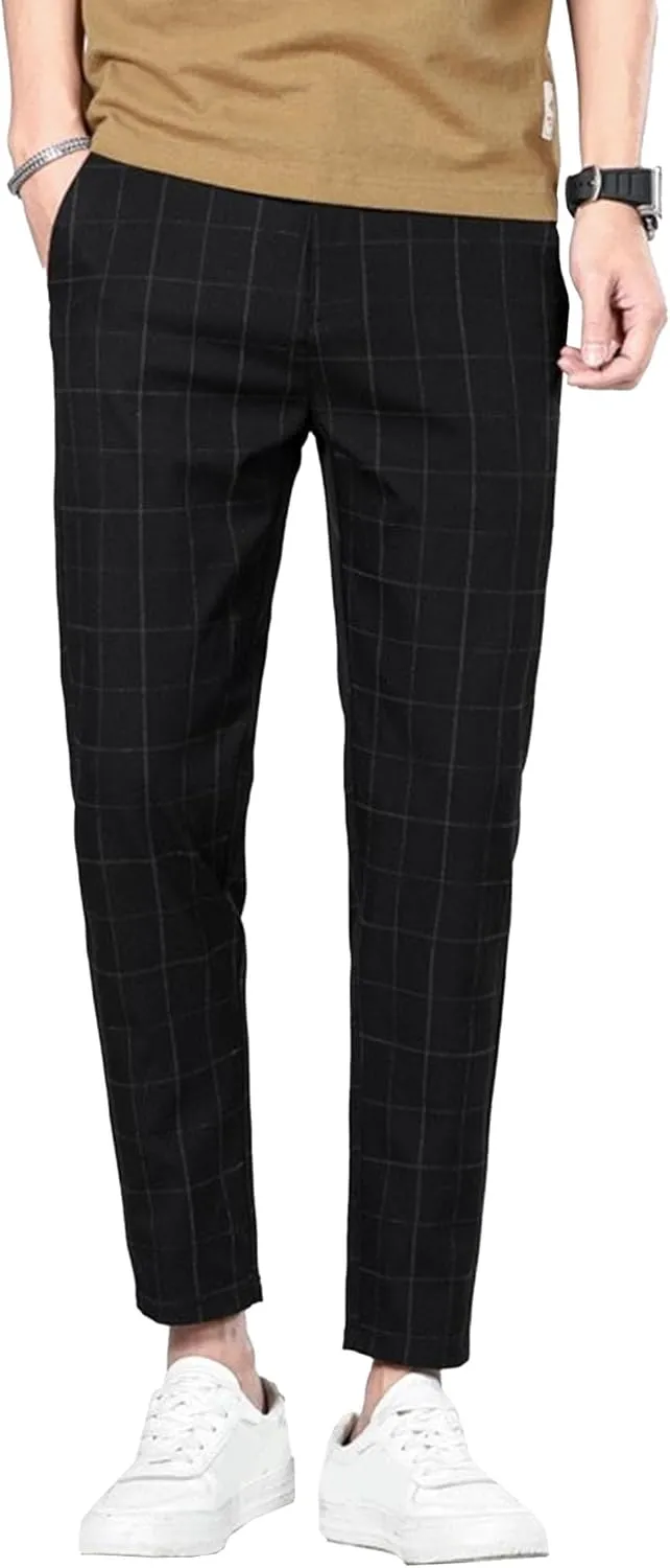 Men's Regular Plaid Slim Fit Trousers Fashion Casual Feet Suit Pants Casual Ankle Length Pencil Pants