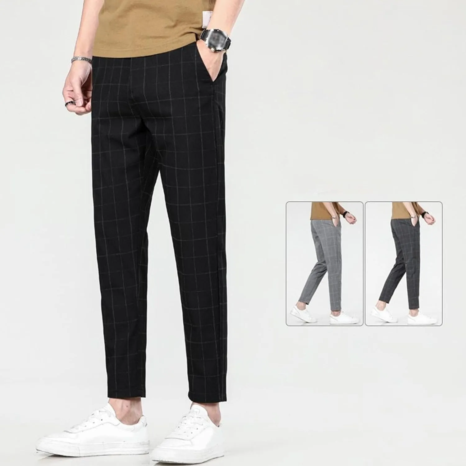 Men's Regular Plaid Slim Fit Trousers Fashion Casual Feet Suit Pants Casual Ankle Length Pencil Pants