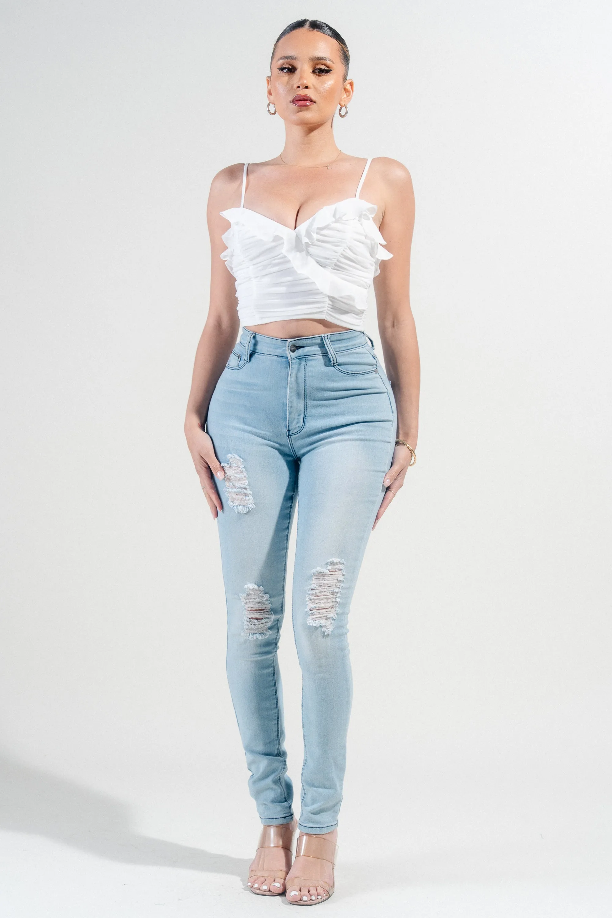 MESH RUCHED SWEETHEART CHIFFON RUFFLED CROPPED TOP
