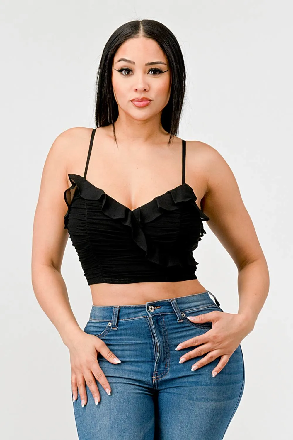 MESH RUCHED SWEETHEART CHIFFON RUFFLED CROPPED TOP