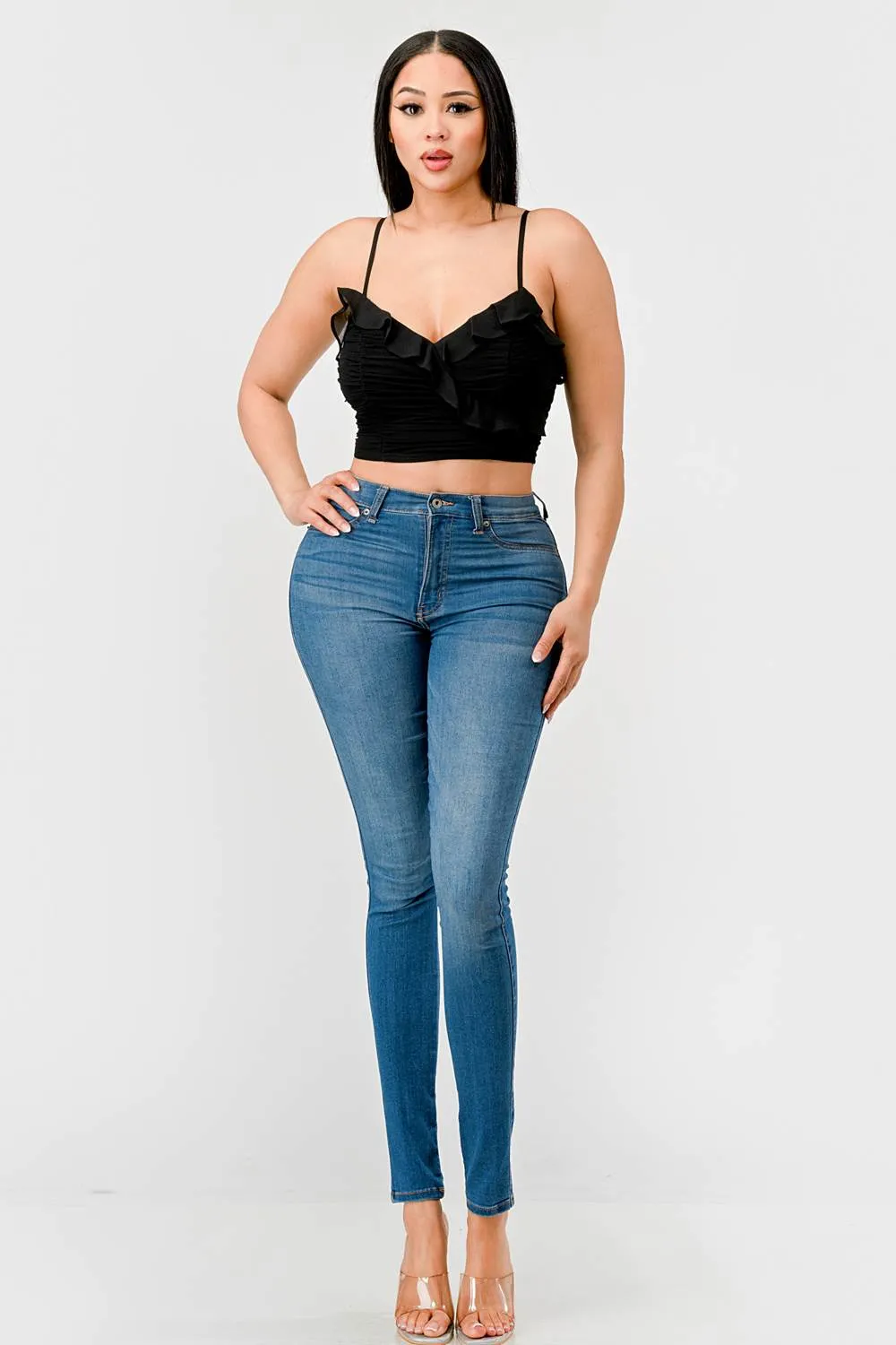 MESH RUCHED SWEETHEART CHIFFON RUFFLED CROPPED TOP